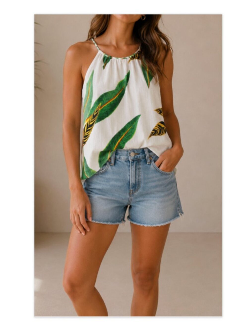 Farm Rio Tropicalistic Braided Strap Top Green White XS Linen Blend